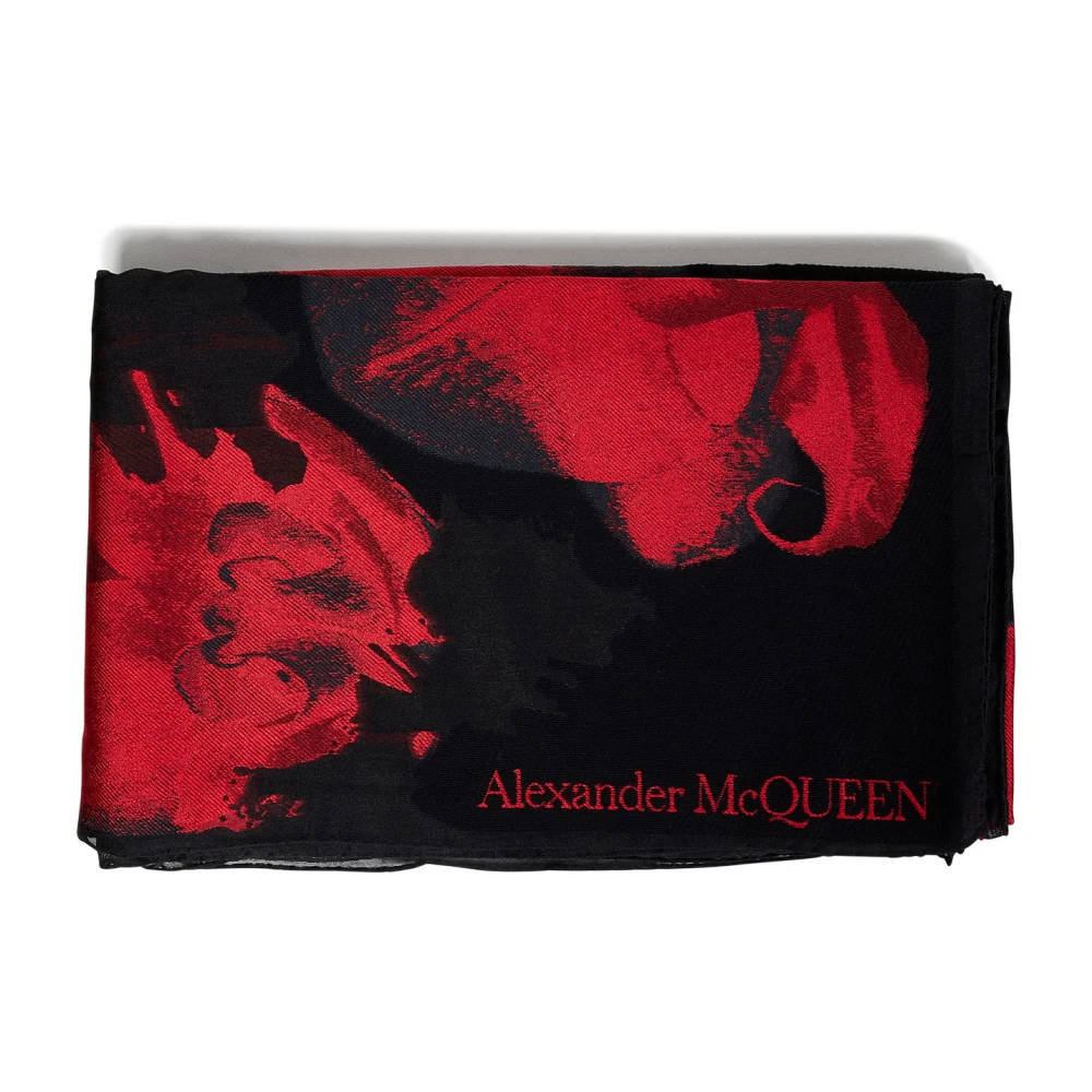 Alexander mcqueen Zwarte zijden sjaal met orchidee motief Black Dames