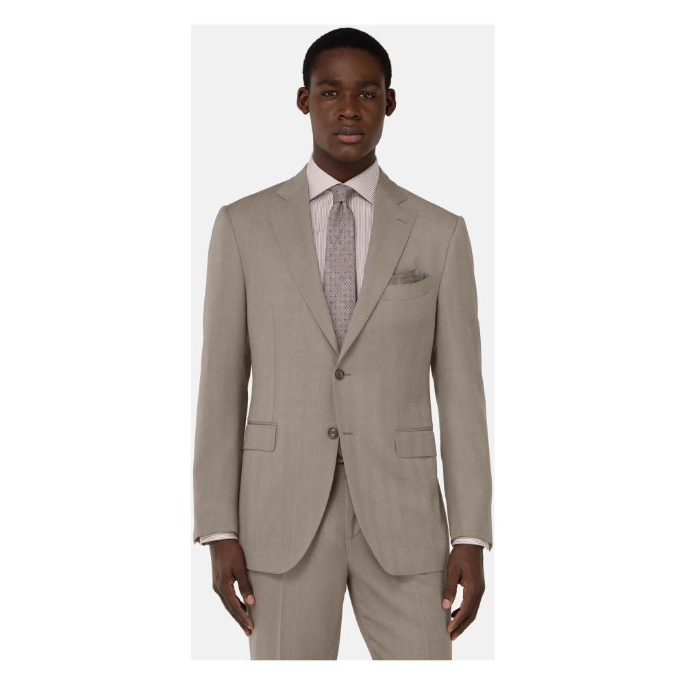Boggi Milano Visgraatpak In Zuiver Super 130 Wol Beige Heren