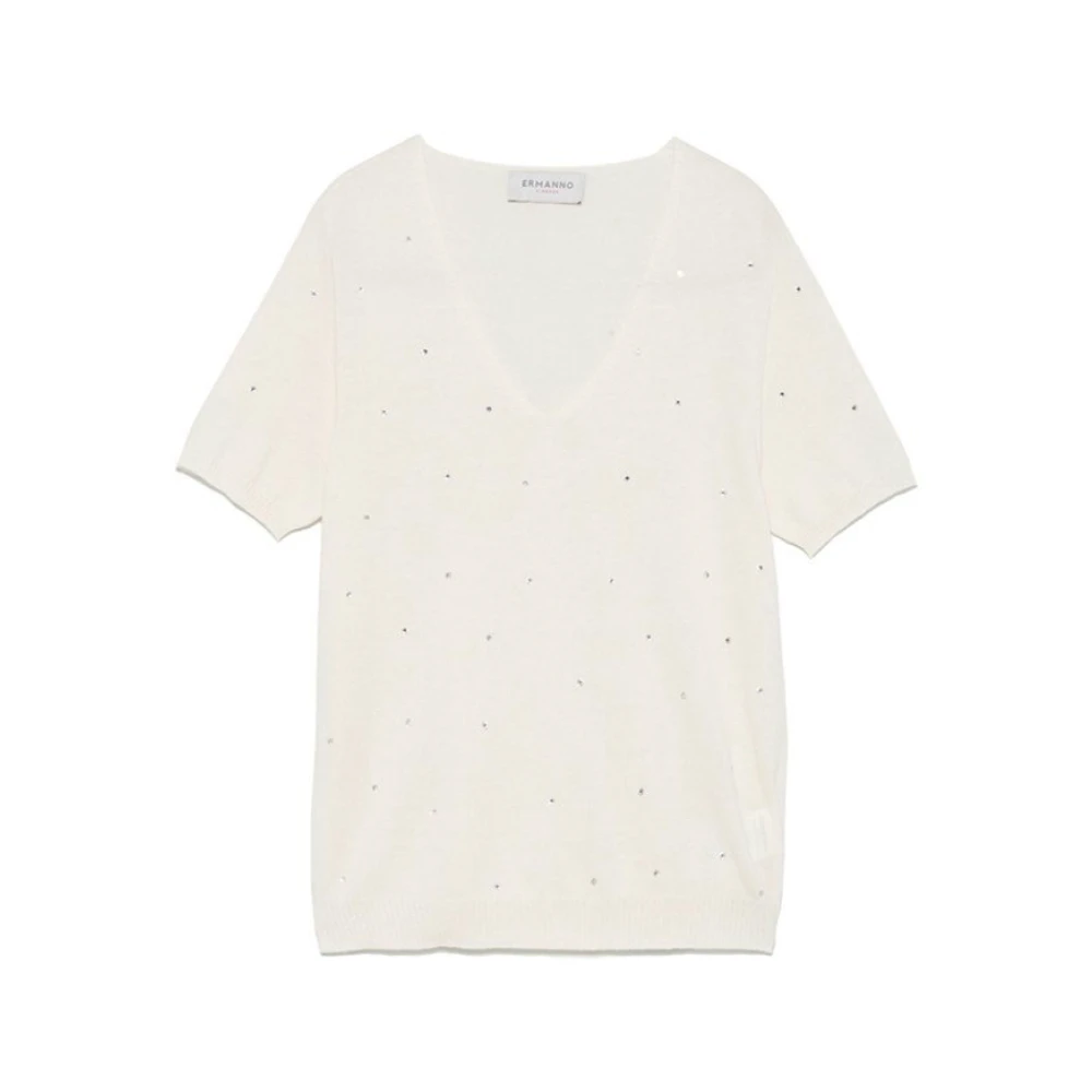 Ermanno Scervino Vit Rhinestone V-ringad T-shirt White, Dam