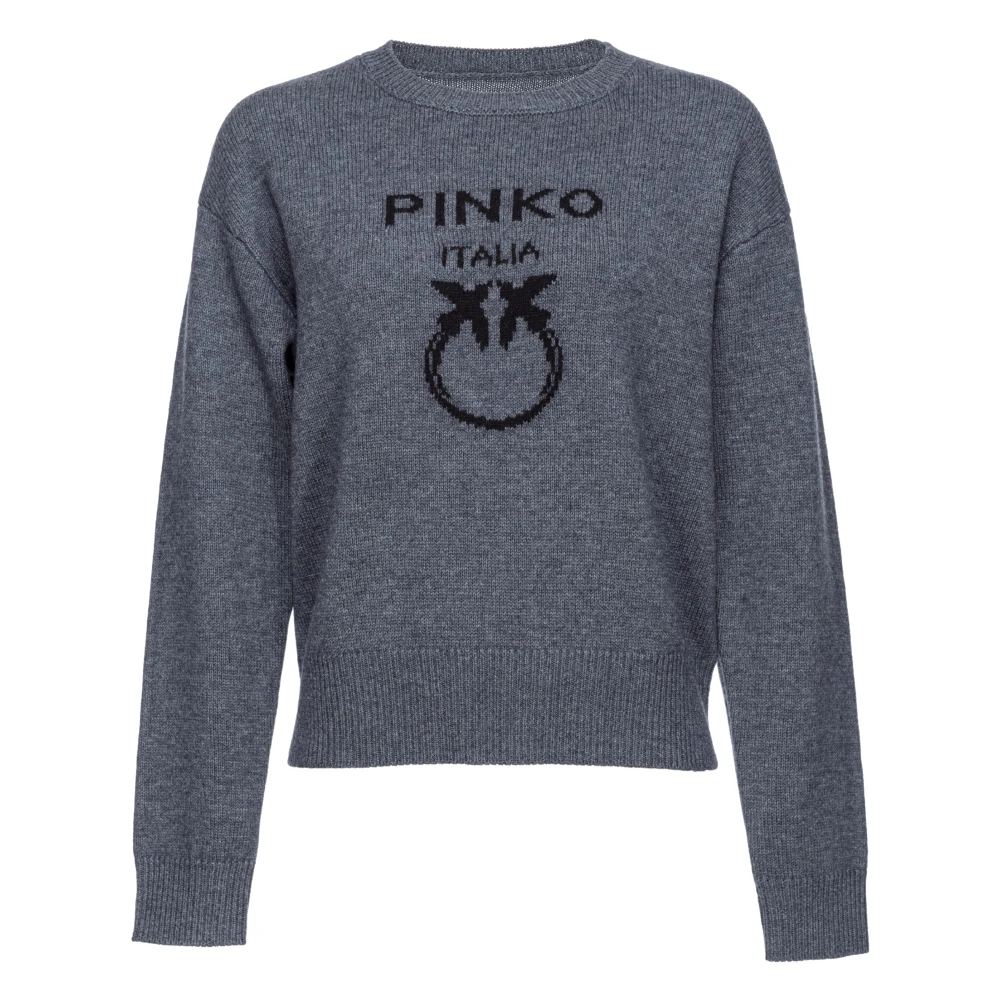 Pinko Grijze Gebreide Trui Logo Ribboord Gray Dames