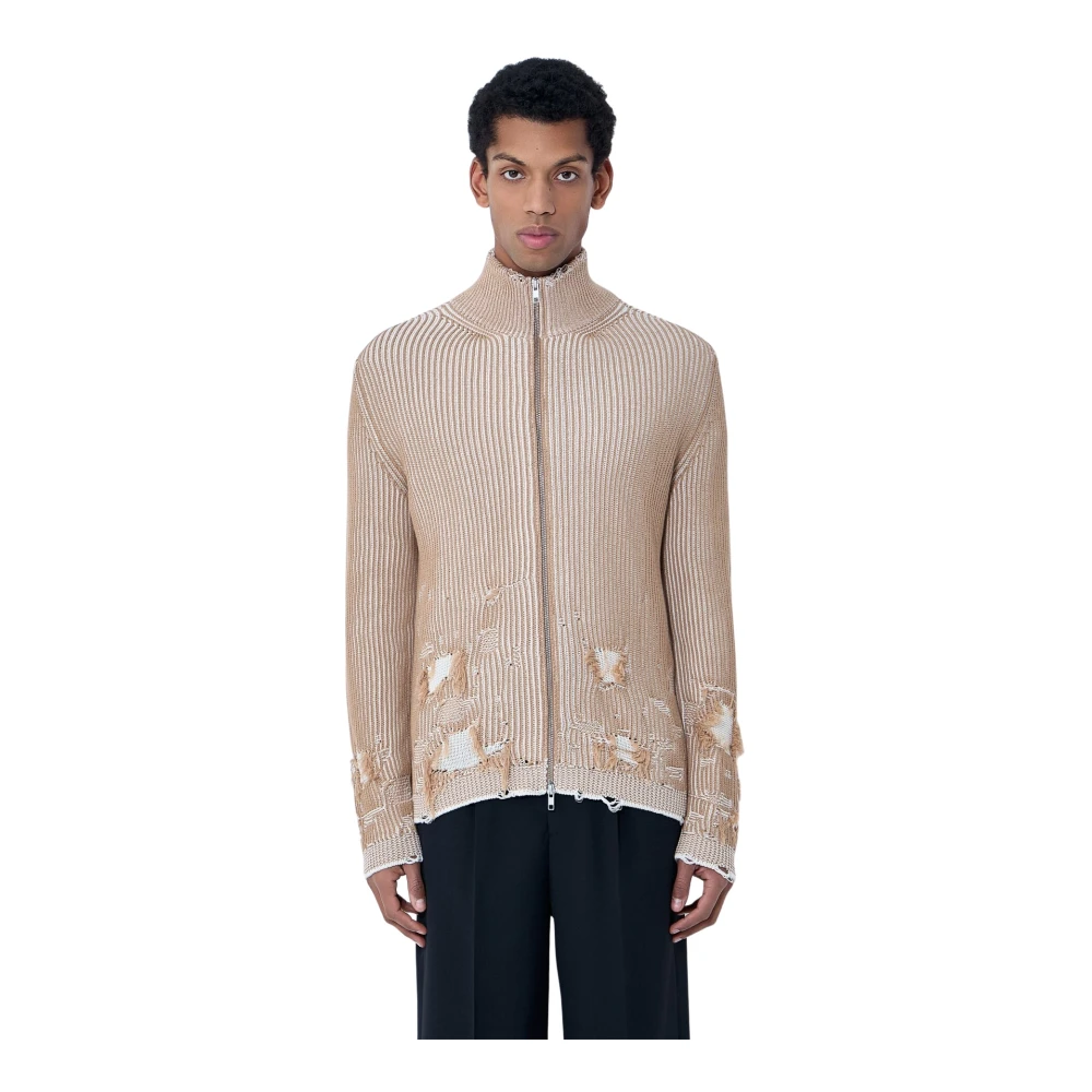 Mm6 Maison Margiela Men's Brown Distressed Ribbed High-Neck Jumper - Cardigans - M - Knitwear