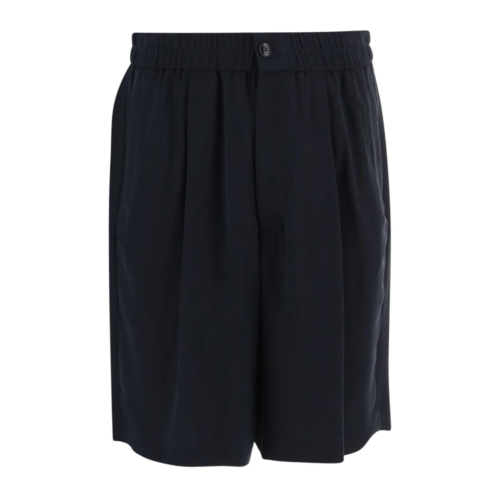 Giorgio Armani Svart Asv Cupro Basketweave Bermuda Shorts Med Enkel Plissering