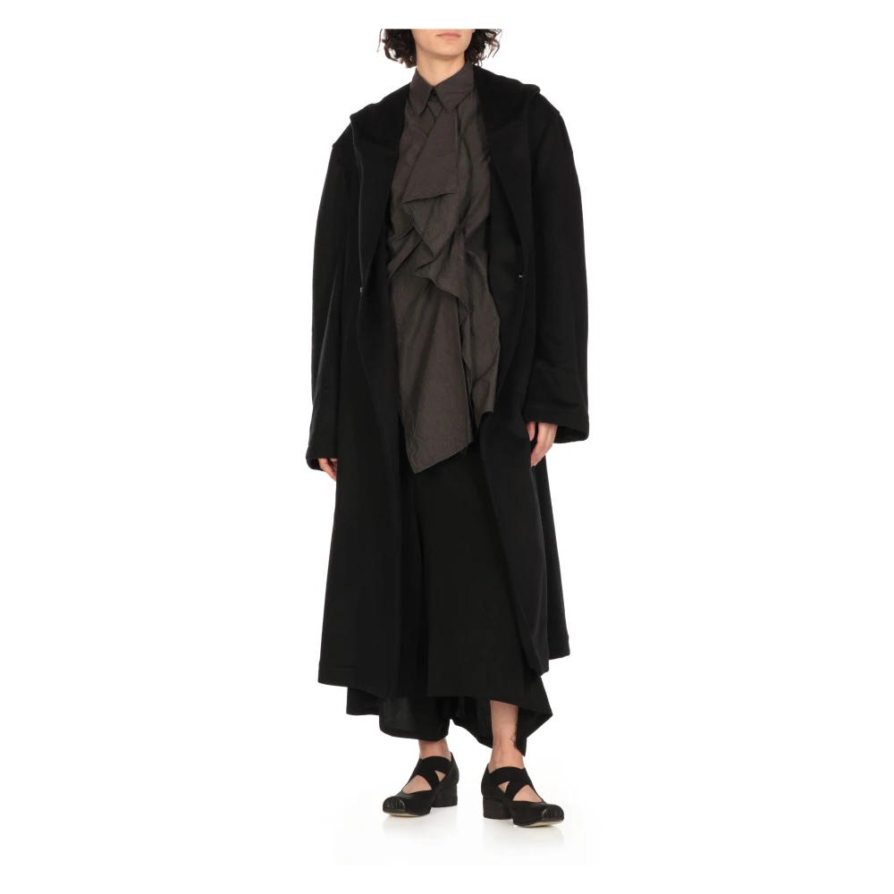 Yohji Yamamoto Zwarte Wol Kasjmier Jas Capuchon Black Dames