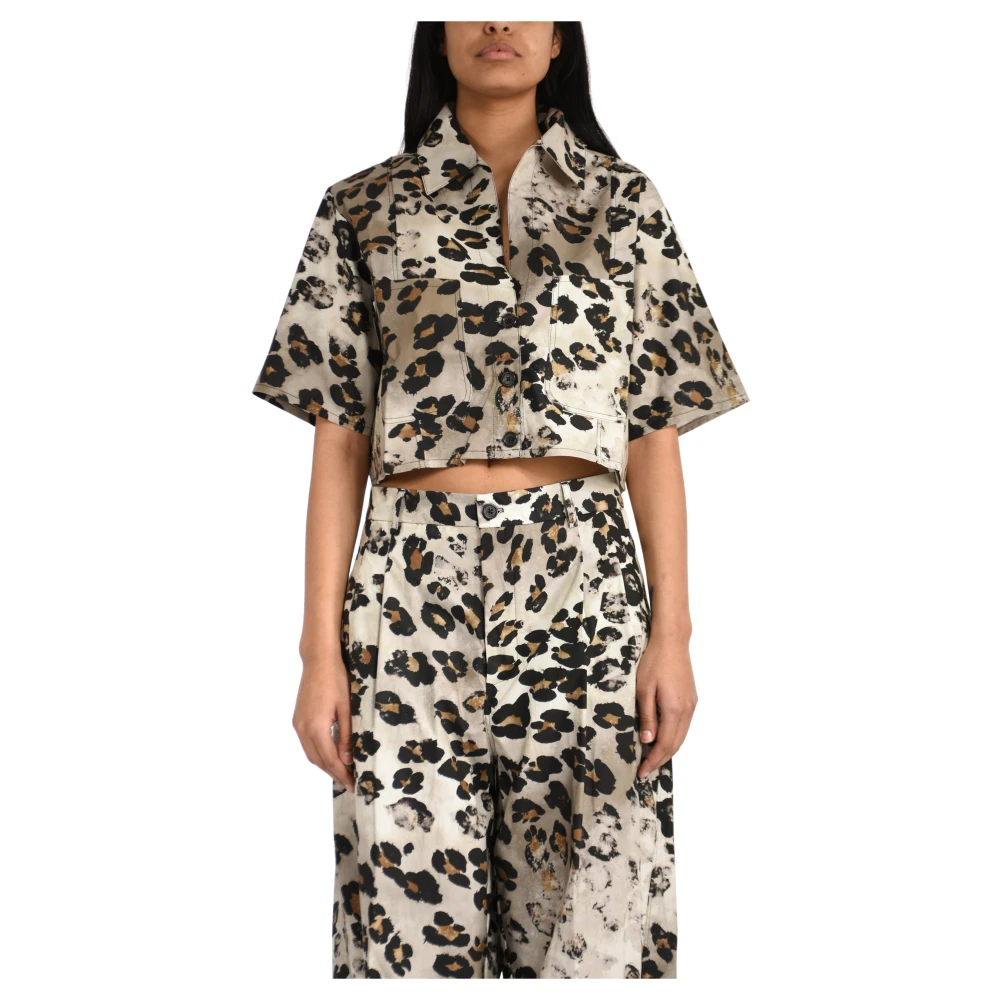 Laneus Women's Multicolor Shirts, S, Leopard Print Patch-Pocket Shirt