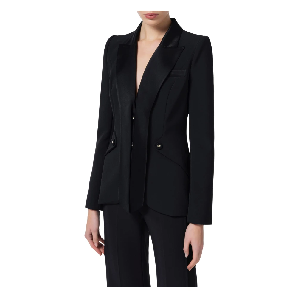 Elisabetta Franchi Zwarte smokingjasje met satijnen revers Black Dames