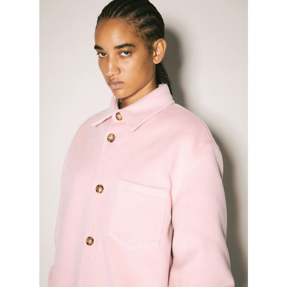 Marni Logo Stitch Wollen Jas Knoopsluiting Pink Dames