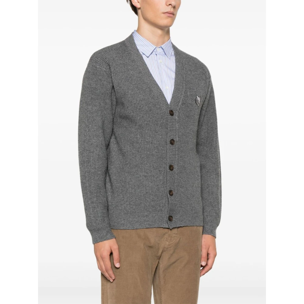 Maison Kitsuné Fox Head Wool Cardigan Sweater Gray Heren