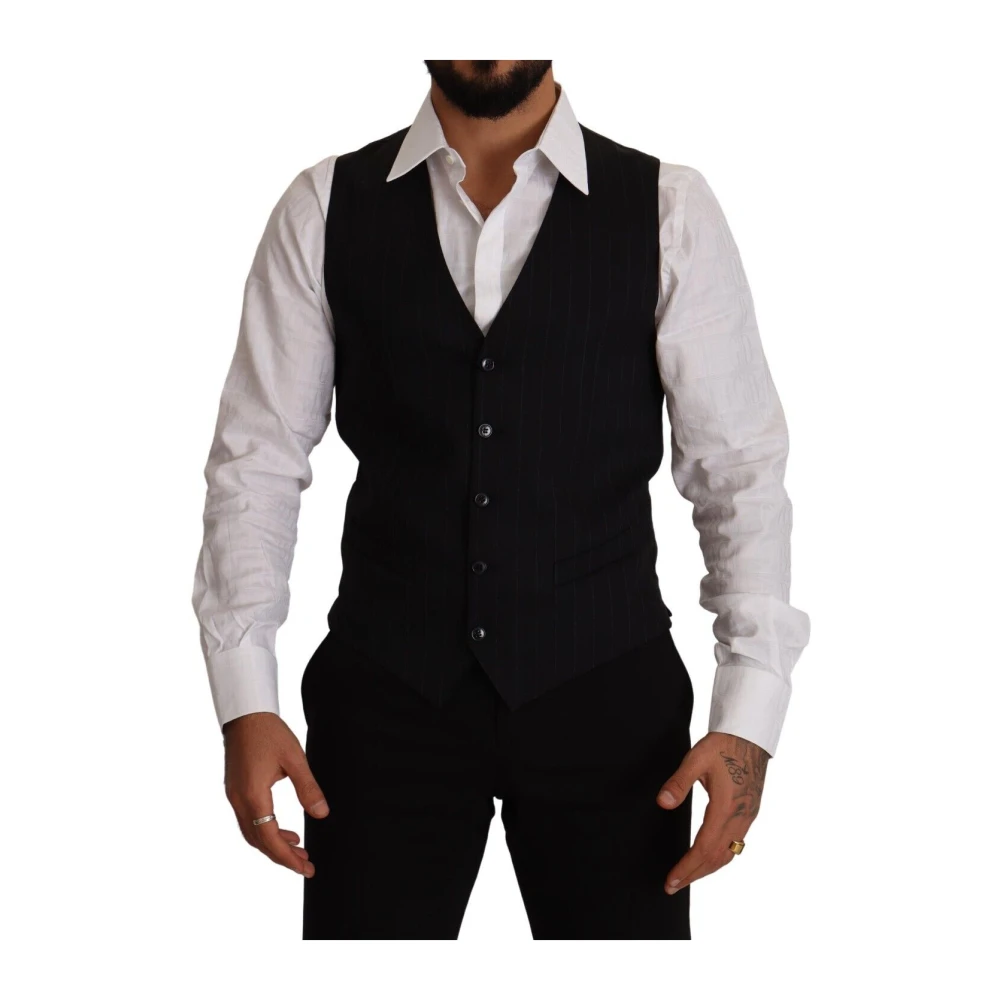 Dolce & Gabbana , Waistcoats, Male, Blue, M, Dark Blue Striped Wool Waistcoat