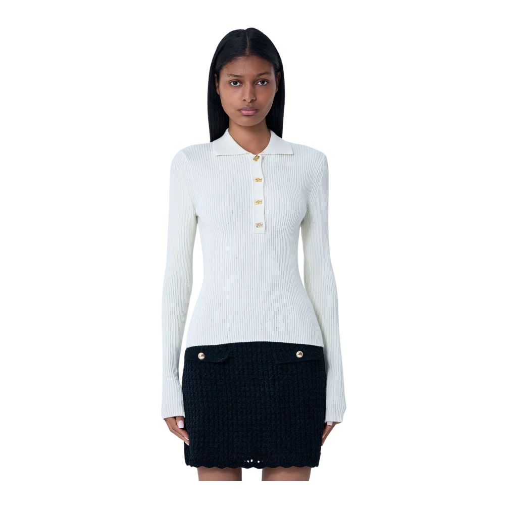 Ganni , Polo Shirts, Female, White, L, Sequin Polo Jumper