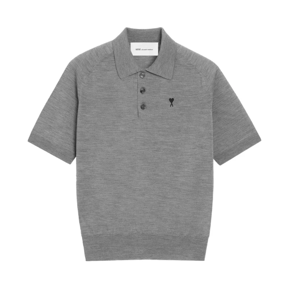 Ami Paris Men's Gray Polo Shirts, 2XL, Chest Embroidery Short Sleeve Polo