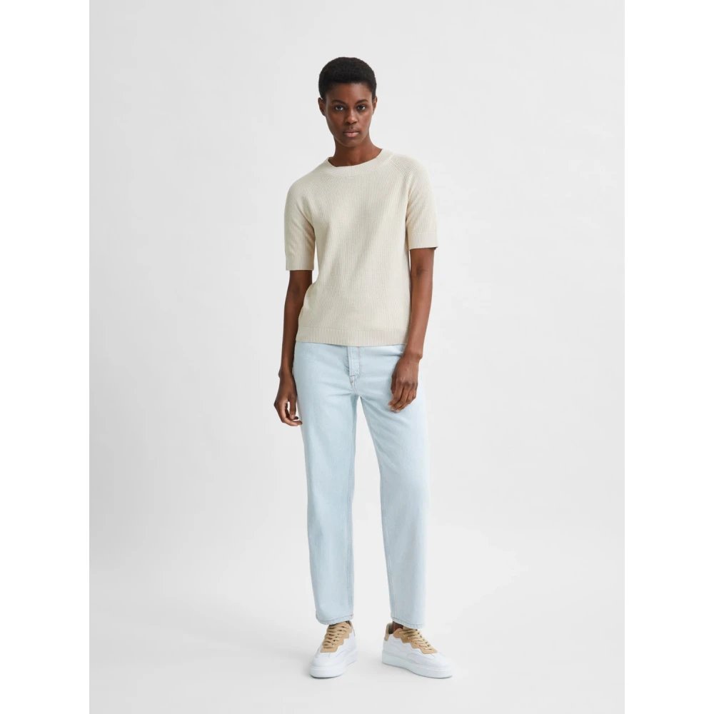 Selected Femme Elina Korte Mouw Gebreide Top Beige Dames