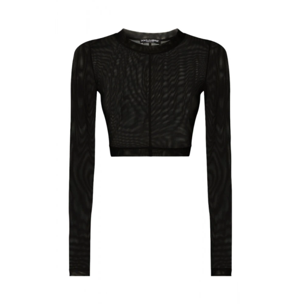 Dolce & Gabbana Zwarte Transparante Top met Elastische Hals en Lange Mouwen Zwart Dames