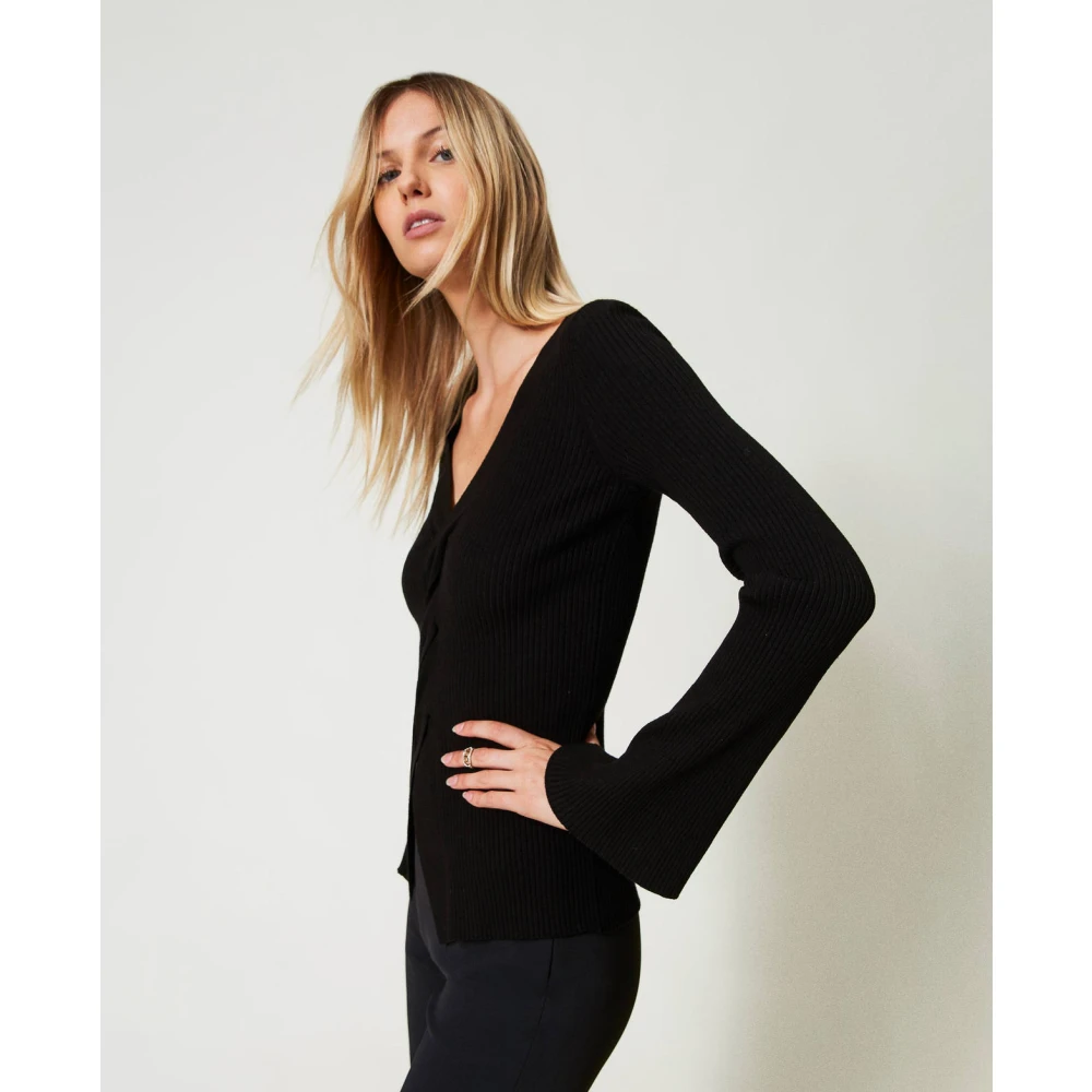 Twinset Zwarte Geribbelde V-Hals Sweaters Black Dames