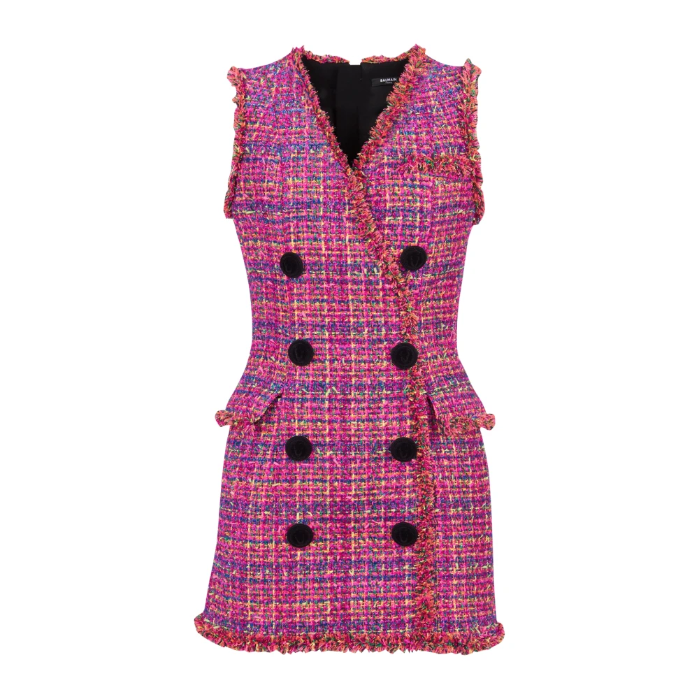 Balmain Korte tweed jurk met dubbele knoopsluiting Pink Dames