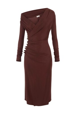 robe-marron-a-manches-crayon-drapees