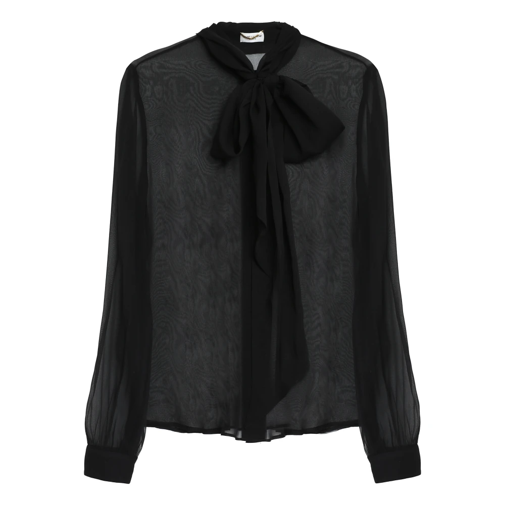 Saint Laurent Zwarte Zijden Organische Blouse met Lavallière Kraag Black Dames