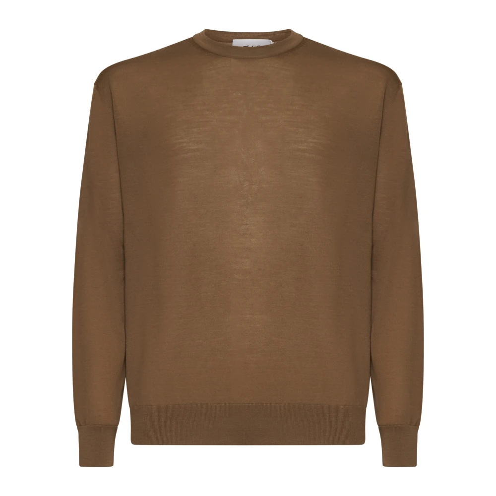 D4.0 Men's Brown Round-Neck Knitwear, L, Wool Crewneck Jumper