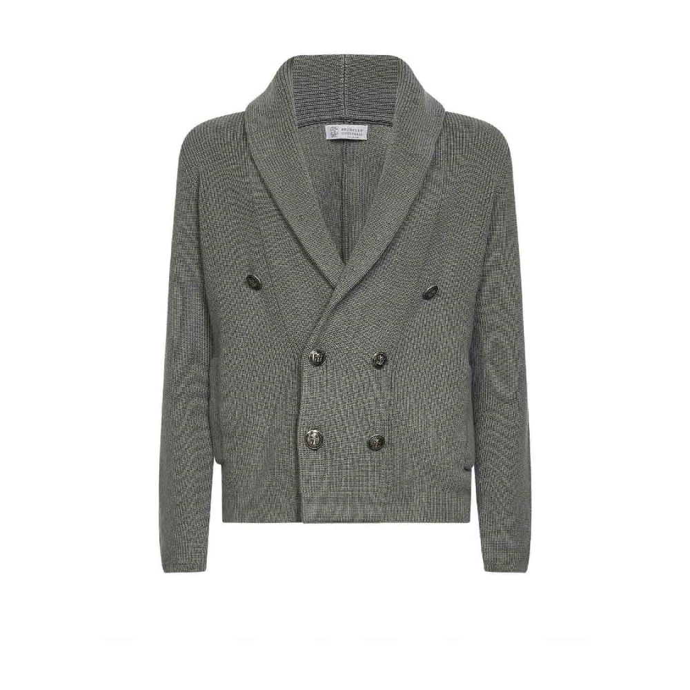 Brunello Cucinelli Men's Green Shawl-Collar Double-Breasted Ribbed Cardigan
