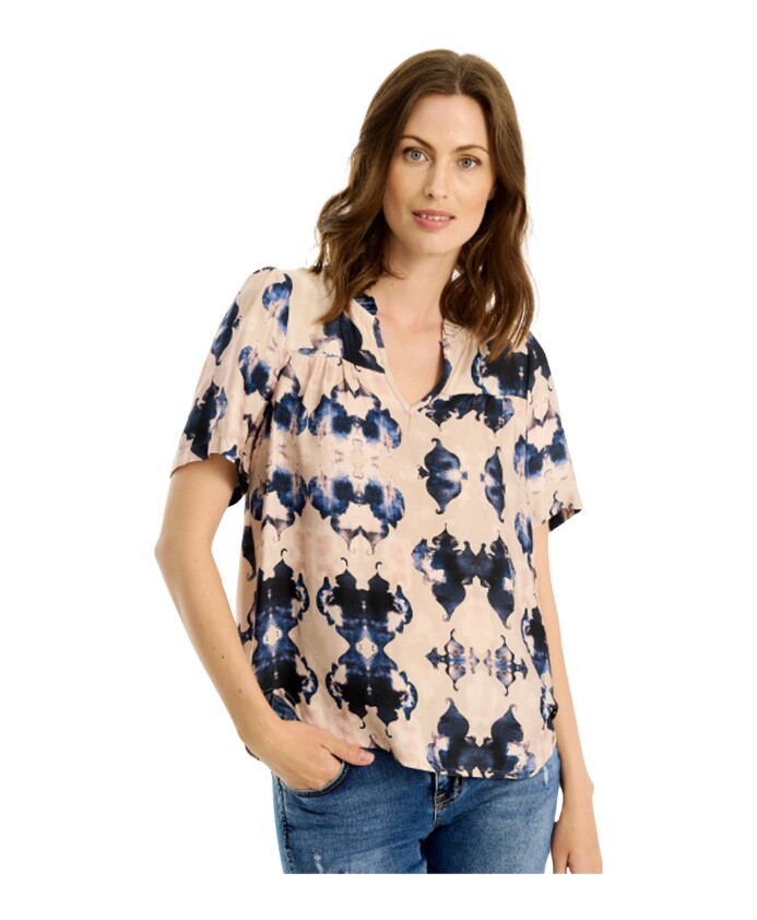 blouse-bleue-pil-avec-col-en-v-imprime