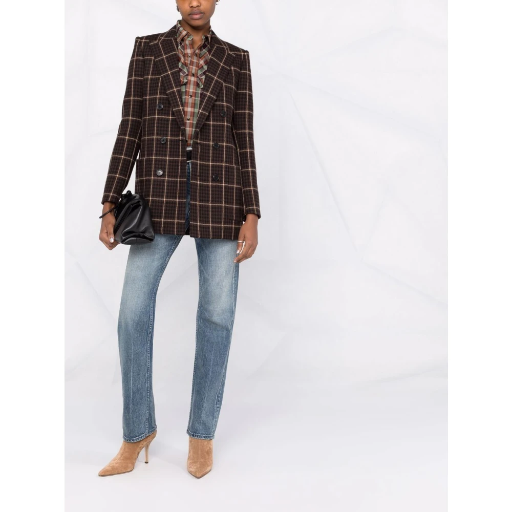 Saint Laurent Bruine Houndstooth Double-Breasted Jas Brown Dames