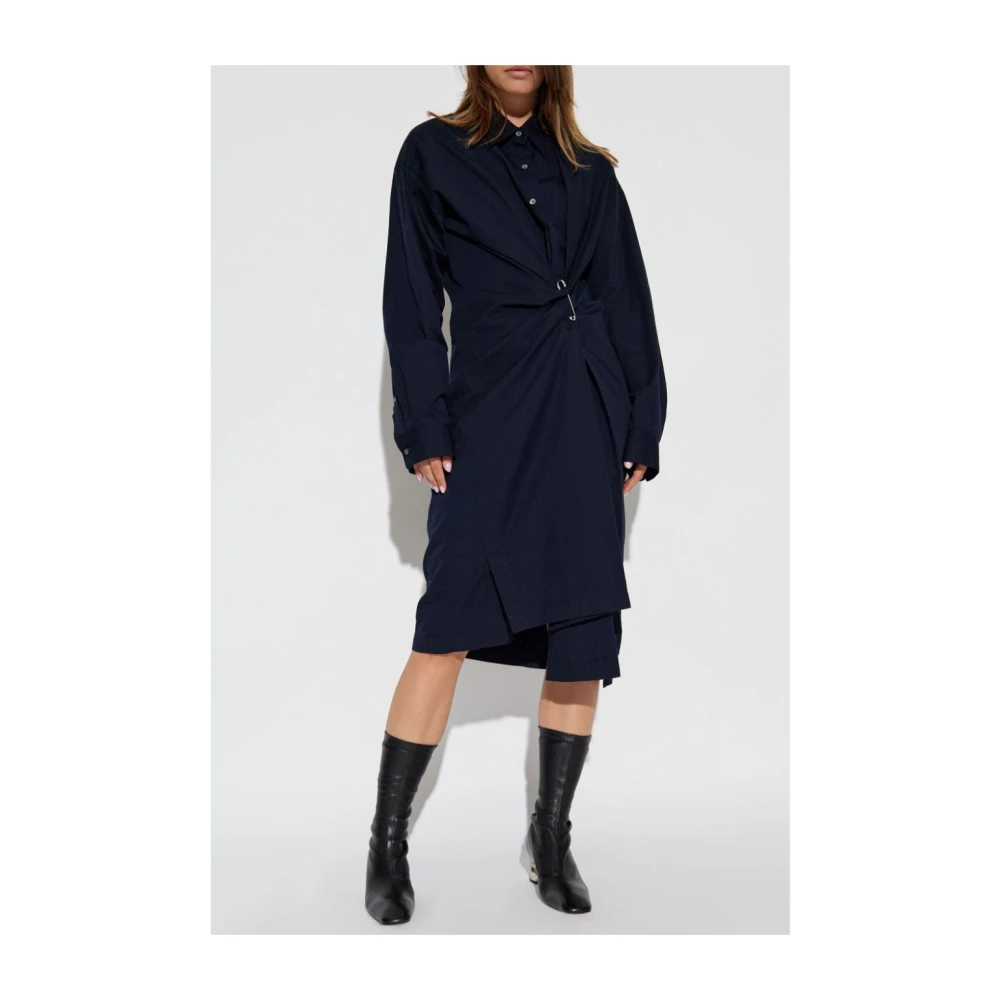 Dries Van Noten Katoenen Gabardine Knoopsluiting Jurk Blue Dames