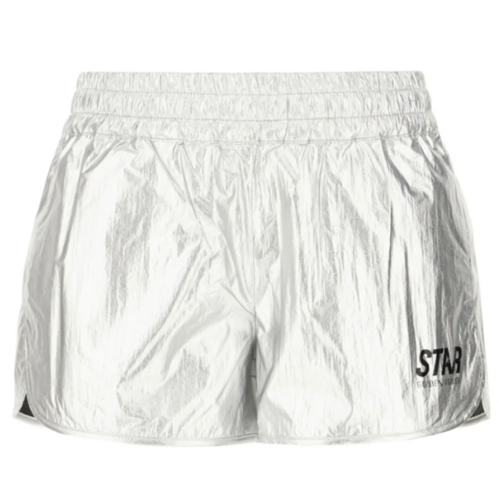 Golden Goose Silver Metallic Shorts Med Krökt Nederkant Gray, Herr