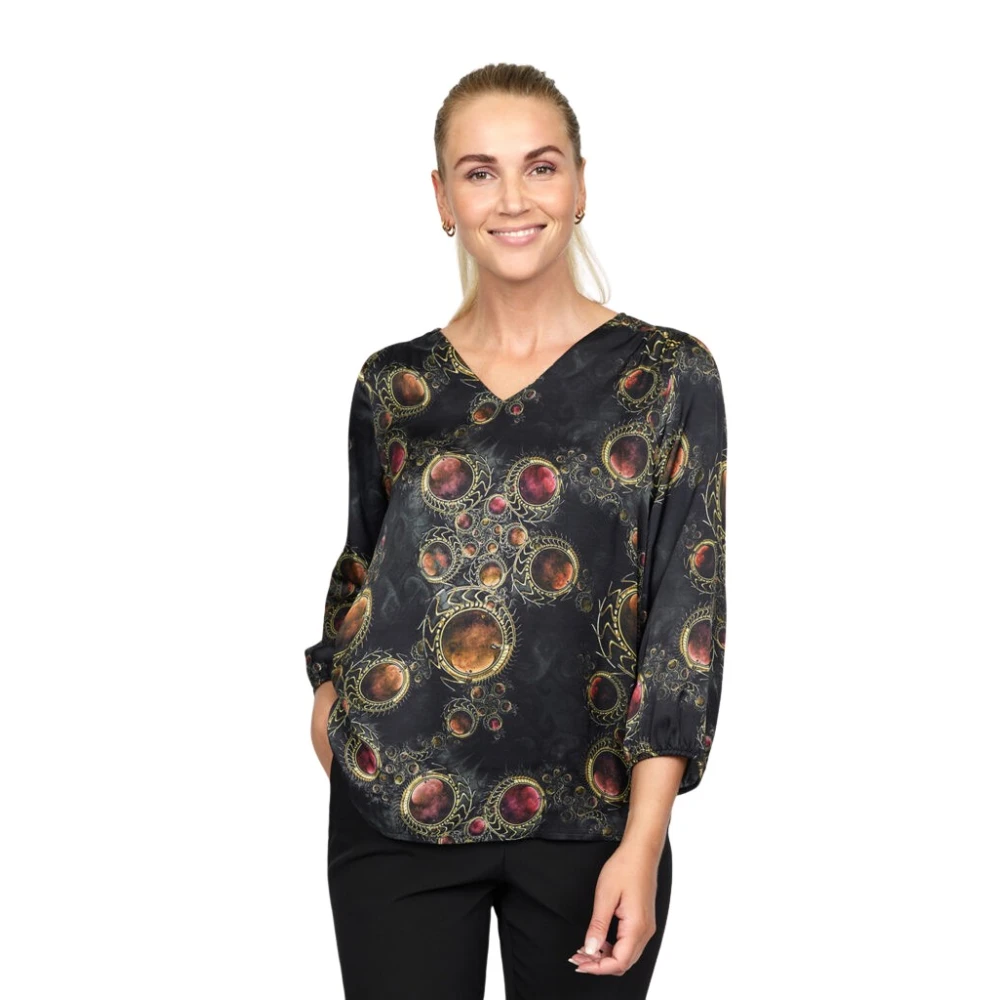2-Biz Multicolor Zijden Blouse met V-hals en 3 4 Mouwen Multicolor Dames
