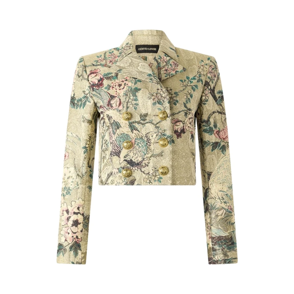 Roberto Cavalli Cropped Jacket With Oriental Bird Print - Female - Light Jackets - Multicolor - Xs - Jackets