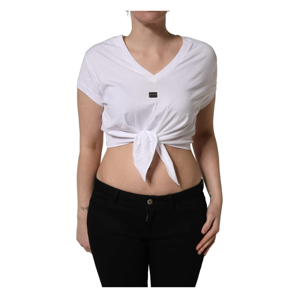 Dolce & Gabbana Women's White Logo-Embroidered Tie-Waist Cropped T-Shirt - T-Shirts - 2XL - Tops