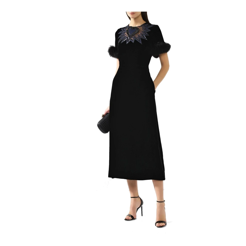 Fendi Fluweel Midi Jurk met Bontafwerking Black Dames