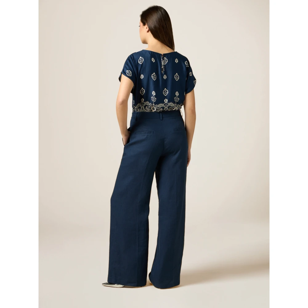 Oltre Wijde Linnen Broek Blue Dames