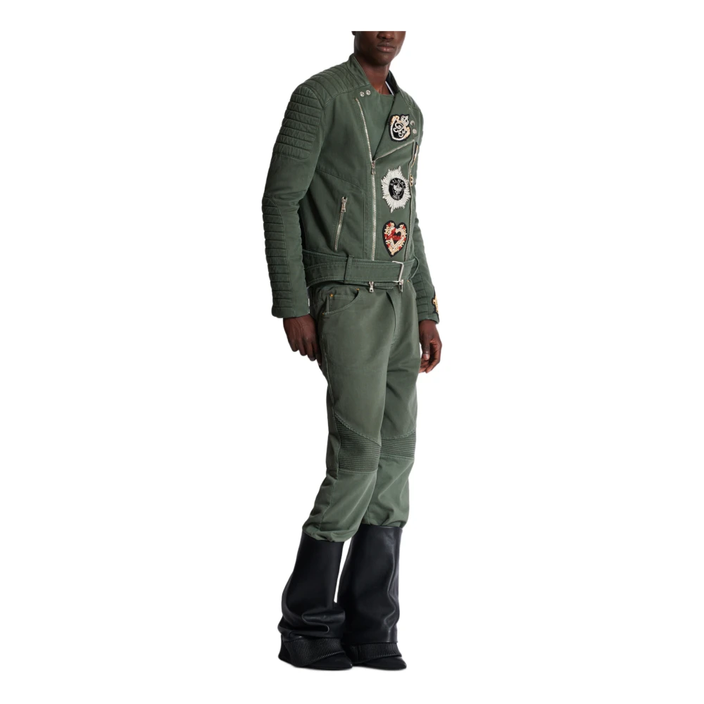 Balmain Denim Biker Jacket met Geborduurde Patches Green Heren