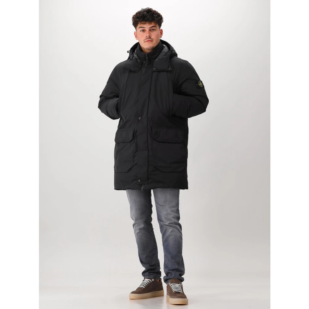 Stone Island Zwarte Lange Dons Parka Micro Twill Black Heren
