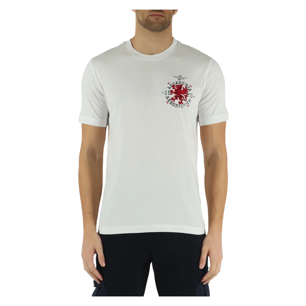 Aeronautica militare Katoenen T-shirt met Voorlogo Borduursel White Heren