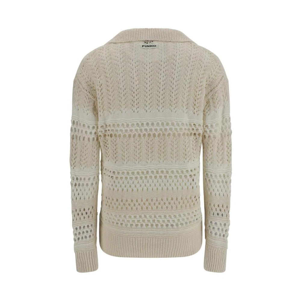 pinko Geperforeerde V-hals trui met geribbelde zoom White Dames