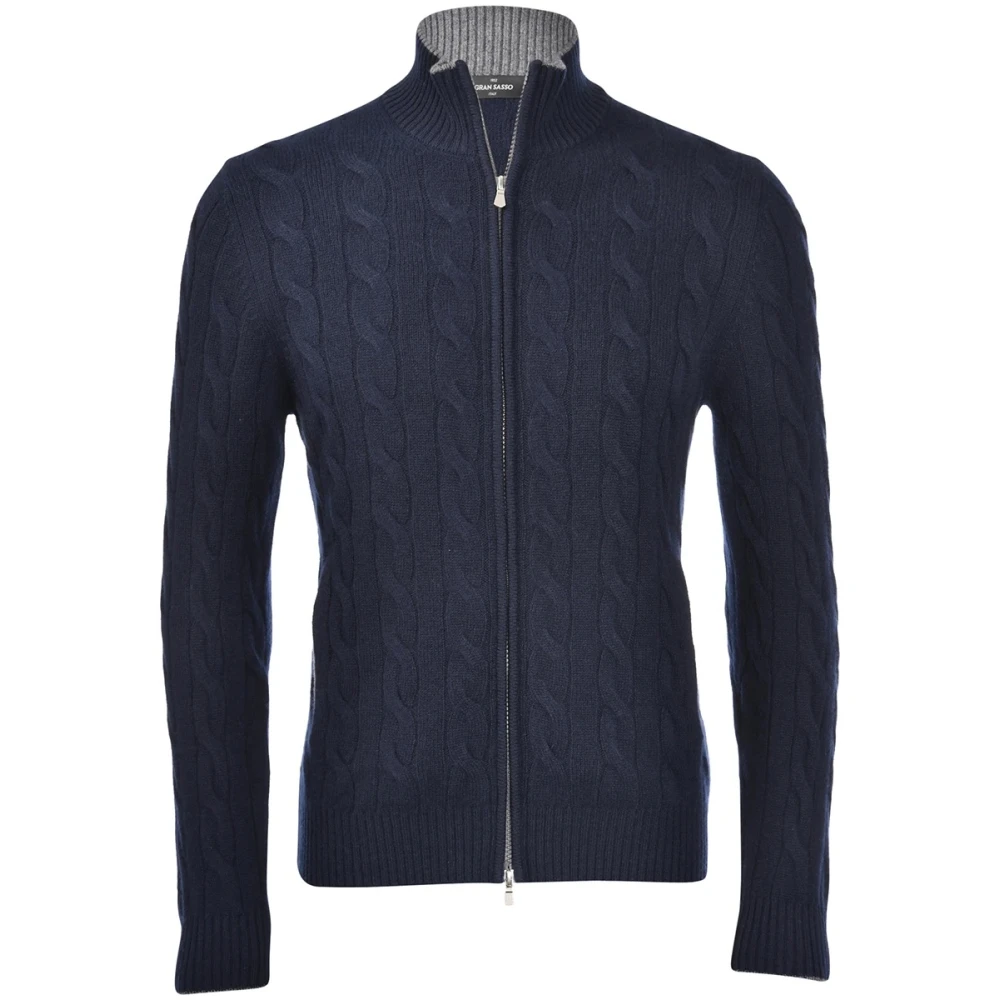 Gran Sasso Cashmere Full Zip Sweater, High Neck Blue, Herr