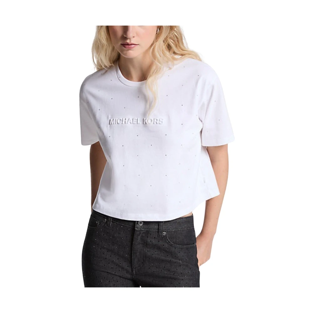 Michael Kors Women's White T-Shirts, Xs, Logo Studded Cotton Jersey T-Shirt