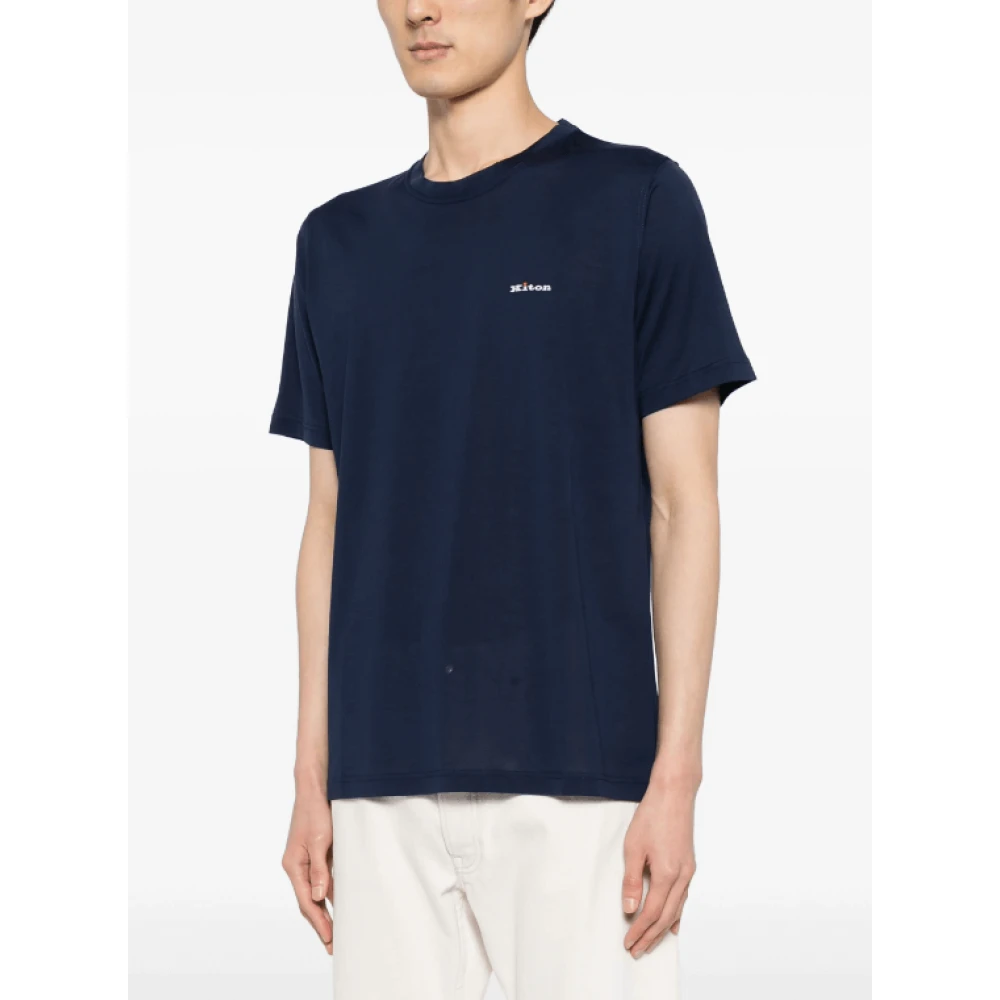 Kiton Geborduurd Navy Katoenen T-shirt Blue Heren