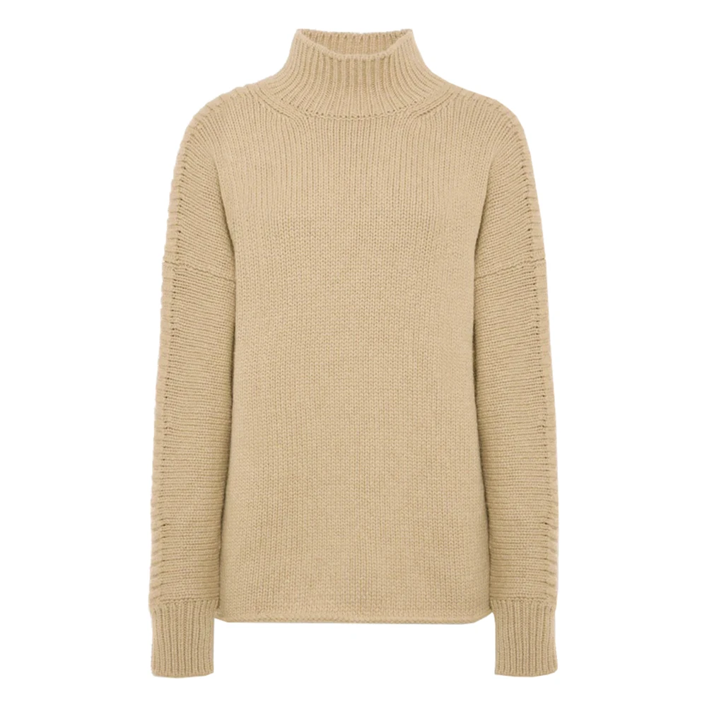 Malo Herr Beige Stickade Tröjor M, Räfflad Hög Hals Tröja