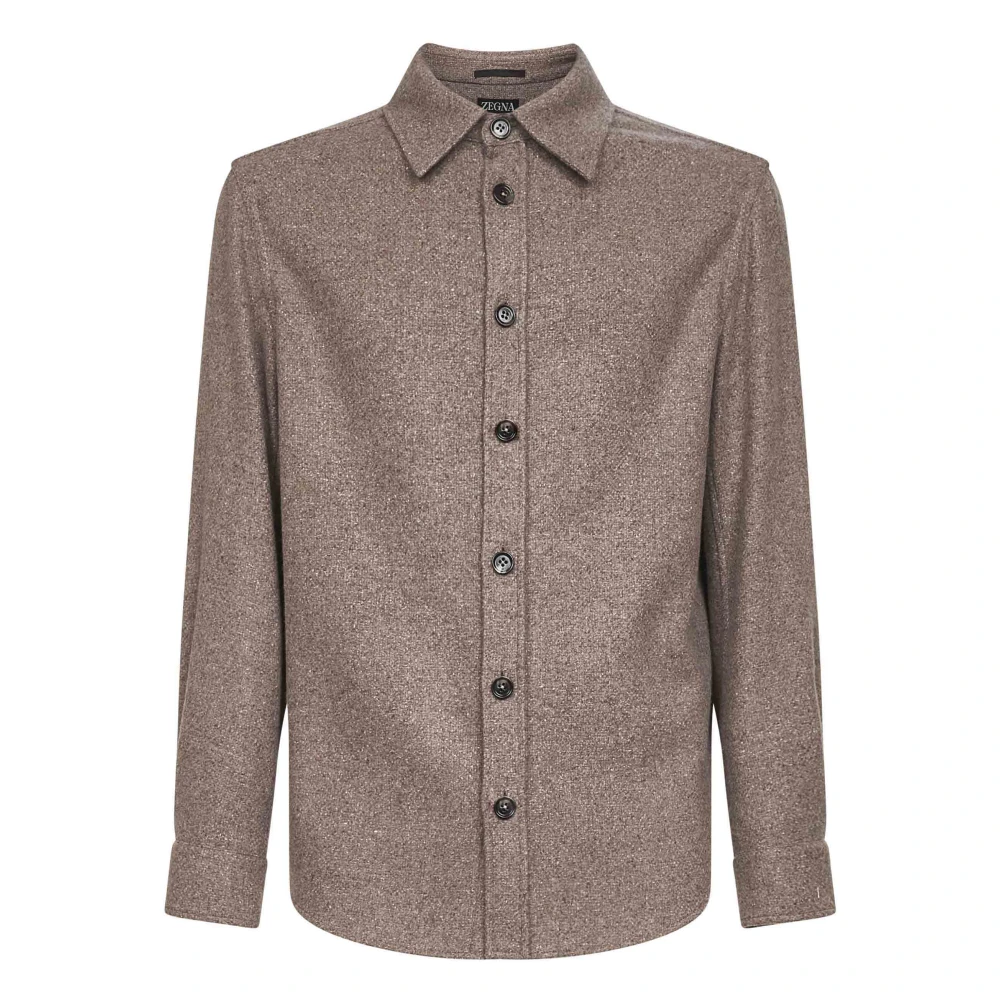Zegna Men's Brown Cashmere Silk Shirt With Leather Detail