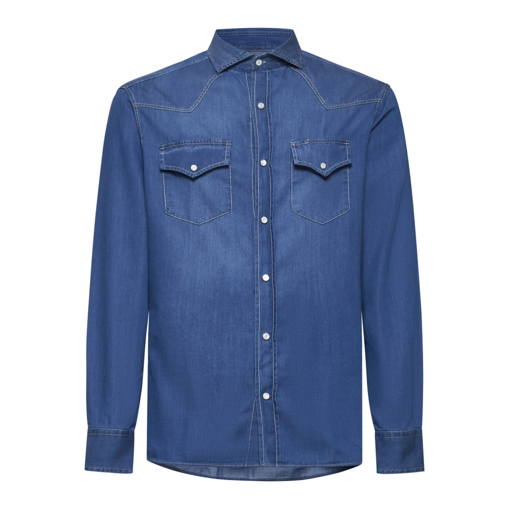 BRUNELLO CUCINELLI Blauwe denim overhemd met puntkraag Blue Heren