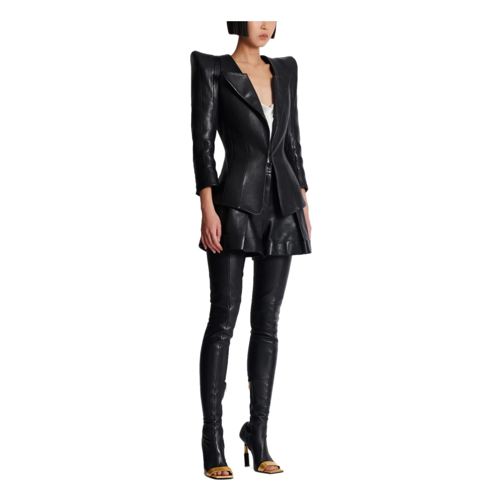 Balmain Aansluitende lamsvacht jas Black Dames