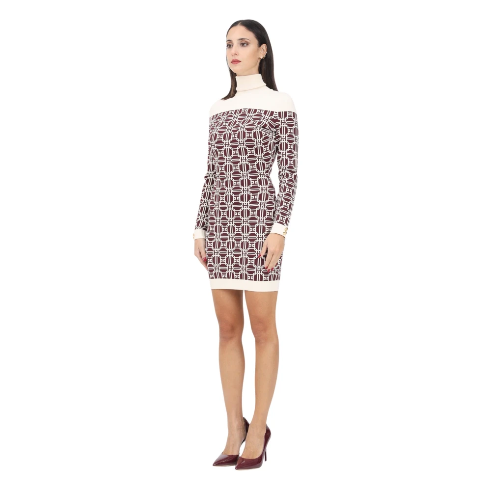 Elisabetta Franchi Bordeaux Jacquard Logo Print Jurk Brown Dames