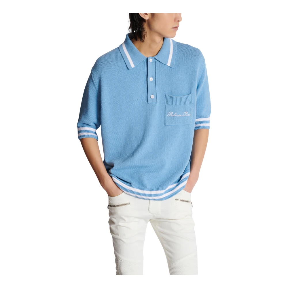 Balmain Wollen poloshirt met handtekeningborduurwerk Blue Heren
