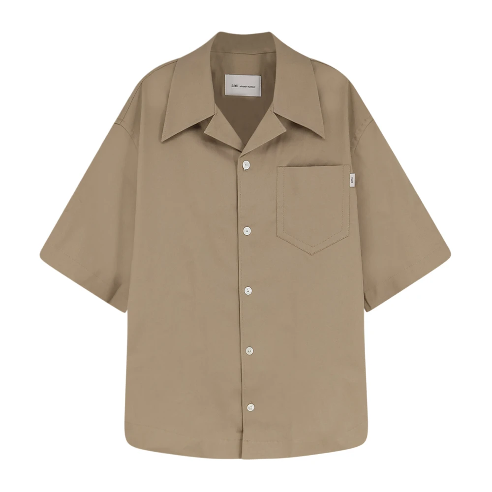Ami Paris Men's Beige Short Sleeve Shirts, M, Short Sleeve Wide Shirt With Camp Collar And Patch Pocket
