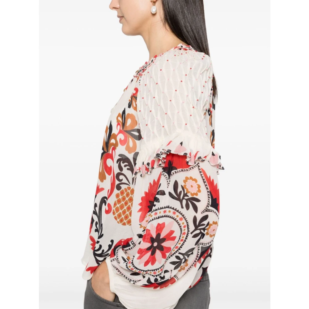 Farm Rio Gerimpeld Beige Shirt met Knoopdetail Multicolor Dames