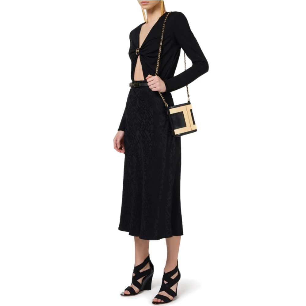Elisabetta Franchi Uitlopende Midi Rok met Jacquard Letters Black Dames