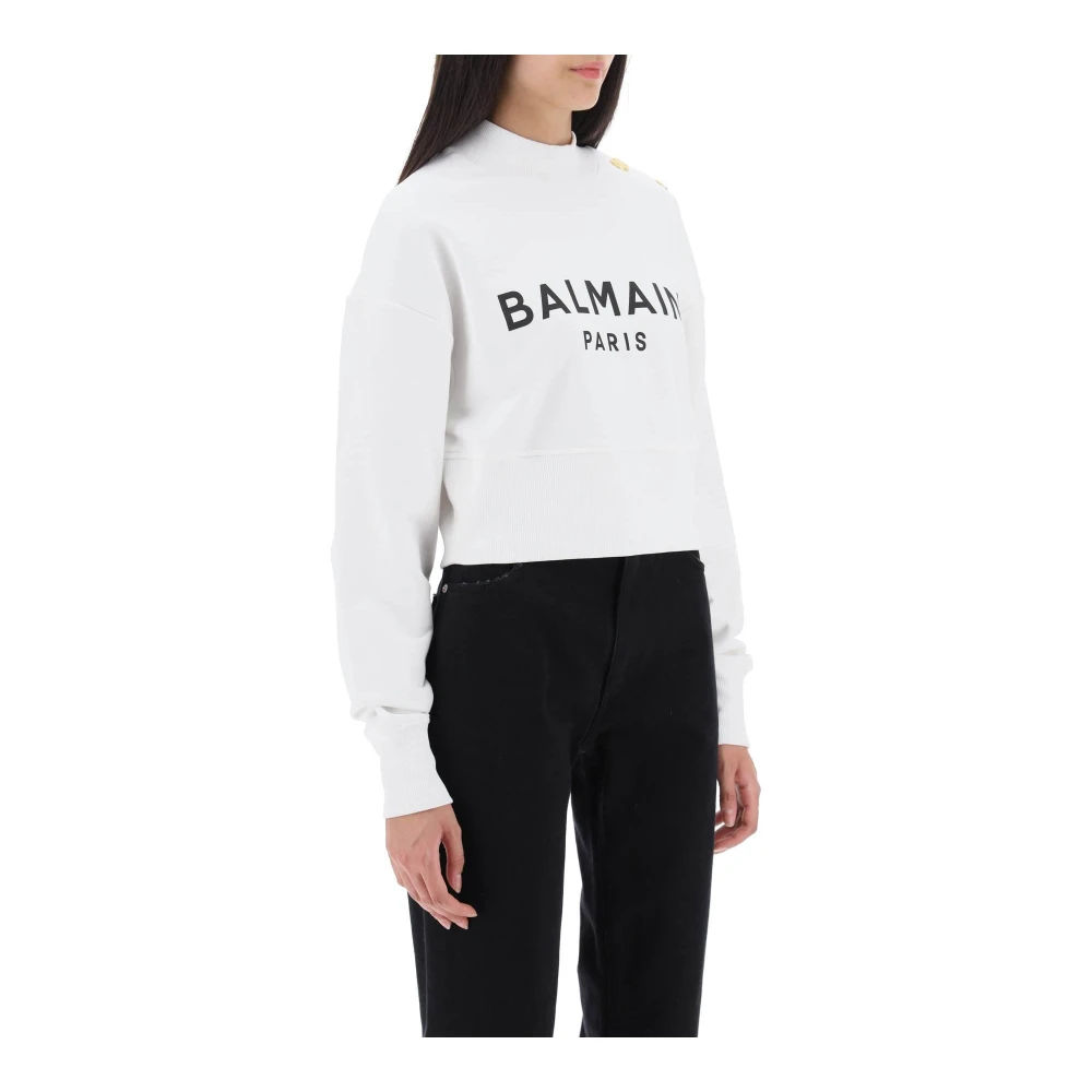 Balmain Cropped Sweatshirt met Logo Print en Knopen White Dames