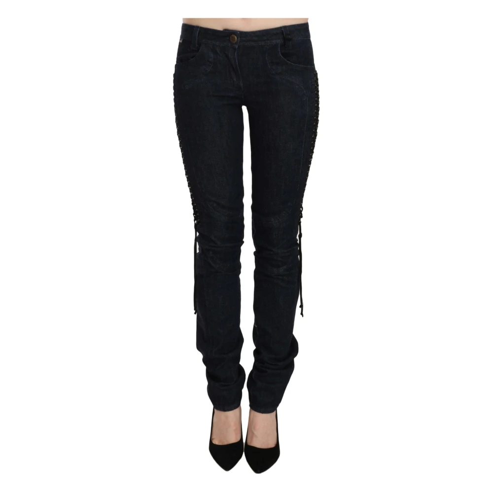 Just Cavalli Black Low Waist Skinny Trousers Braided String Pants Black, Dam