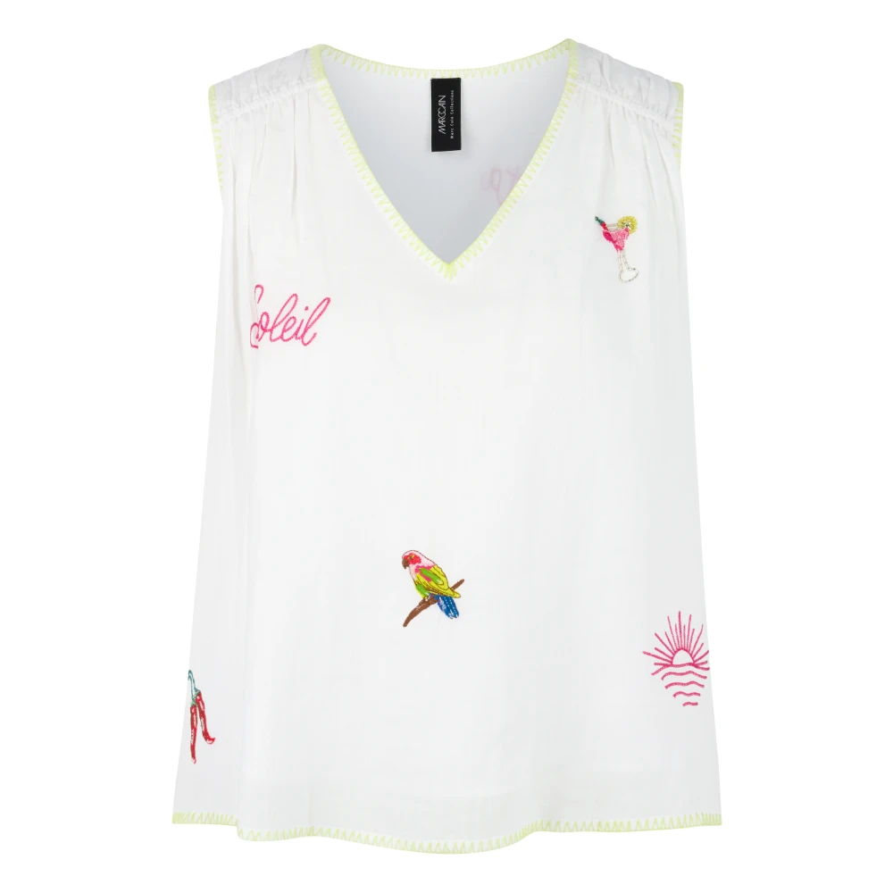 Marc Cain Women's White Sleeveless Tops, M, Loose Top With Embroidered Patches